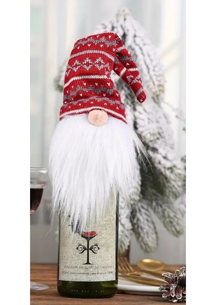 Yılbaşı Temalı Şişe Üstü Süs ve Dekor, Gnome Figürlü Şarap Şişesi Kılıfı