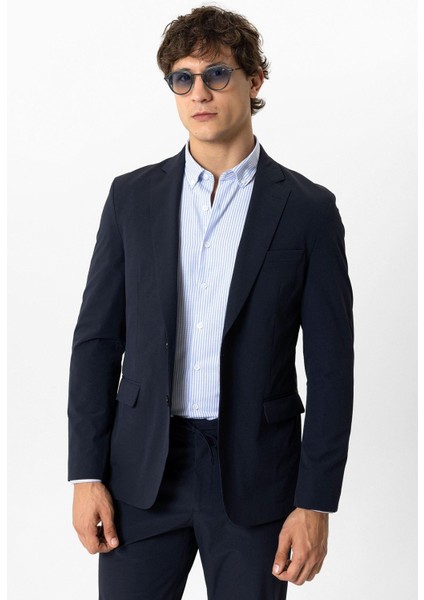Lacivert Slim Fit Mono Yaka Ceket