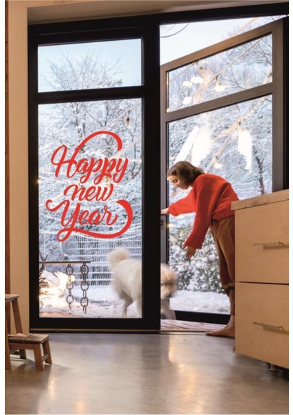 Yeni Yıl Temalı Renkli Vitrin Cam Sticker Dekorasyonu 50X70 Kırmızı