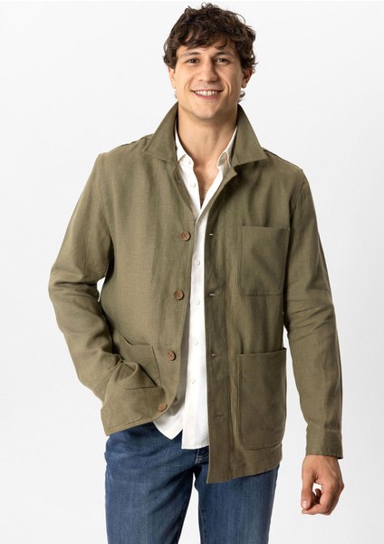 Haki Regular Fit Gömlek Yaka Keten Ceket
