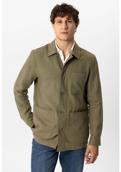 Haki Regular Fit Gömlek Yaka Keten Ceket modelleri