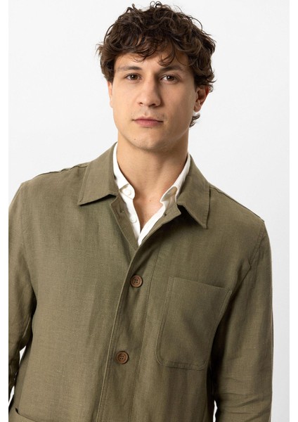 Haki Regular Fit Gömlek Yaka Keten Ceket fırsatları