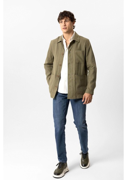 Haki Regular Fit Gömlek Yaka Keten Ceket
