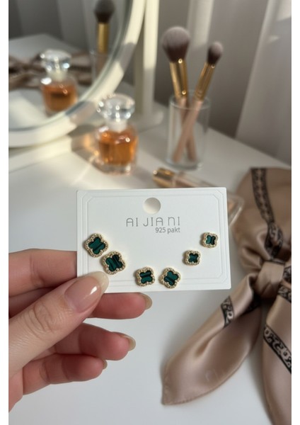 Kadın 3 Boy 6'lı Küpe Seti Yeşil Gold Ync-Gld-Ysl-Tslı-Kp-3lu-Set