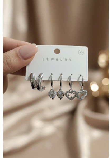 Gümüş Renk 6'lı Kalp Küpe Seti Clk-Kp-3lu-Set-02-Gms