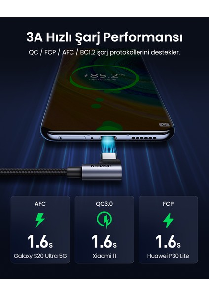 USB-C to USB-A 3A QC 90 Derece Hızlı Şarj Kablosu, 1 Metre, Uzay Girişi, 20856
