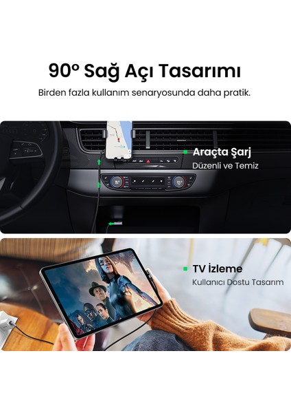 USB-C to USB-A 3A QC 90 Derece Hızlı Şarj Kablosu, 1 Metre, Uzay Girişi, 20856