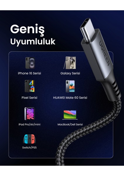 Usb-C 60W 3A Qc Pd Örgülü Hızlı Şarj Kablosu, 1 Metre, Siyah, 15373