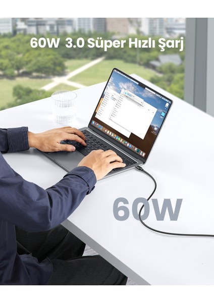 USB-C 60W 3A QC PD Hızlı Şarj Kablosu, 0,5 Metre, Siyah, 50996