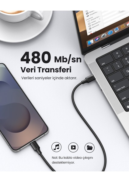 USB-C 60W 3A QC PD Hızlı Şarj Kablosu, 0,5 Metre, Siyah, 50996