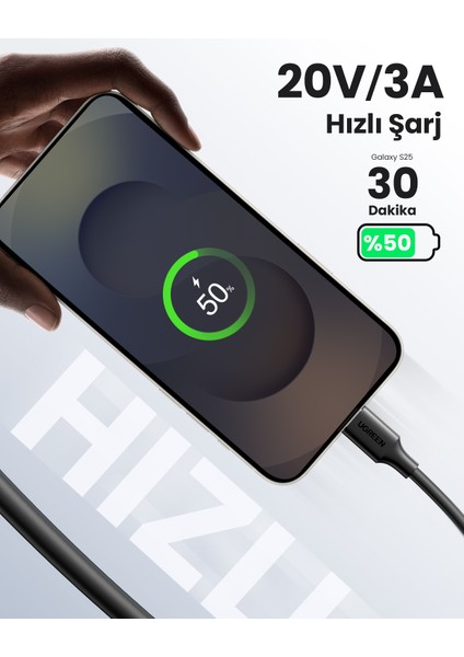 USB-C 60W 3A QC PD Hızlı Şarj Kablosu, 0,5 Metre, Siyah, 50996