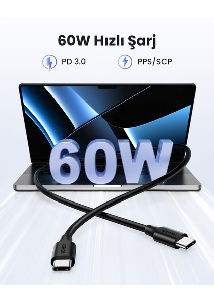 USB-C 60W 3A QC PD Hızlı Şarj Kablosu, 0,5 Metre, Siyah, 50996