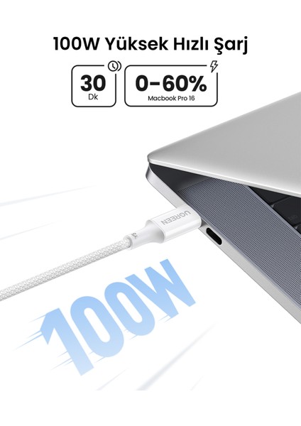 Usb-C 100W 5A Qc Pd Örgülü Hızlı Şarj Kablosu, 1 Metre, Beyaz, 35220