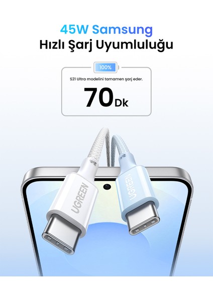 Usb-C 100W 5A Qc Pd Örgülü Hızlı Şarj Kablosu, 1 Metre, Beyaz, 35220