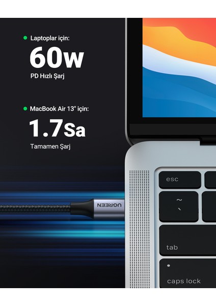 USB-C 60W 3A QC PD 90 Derece Örgülü Hızlı Şarj Kalosu, 1 Metre, Siyah, 50123