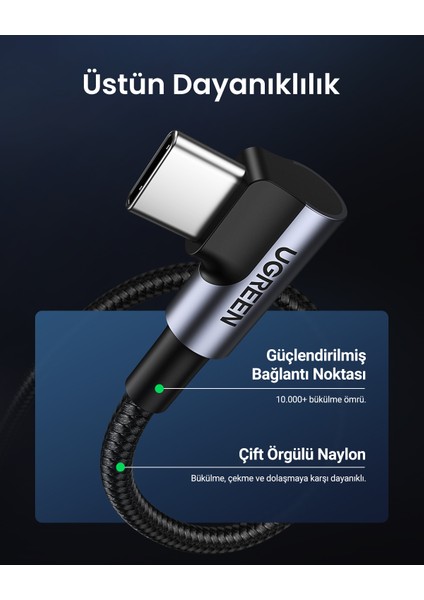 USB-C 60W 3A QC PD 90 Derece Örgülü Hızlı Şarj Kalosu, 1 Metre, Siyah, 50123