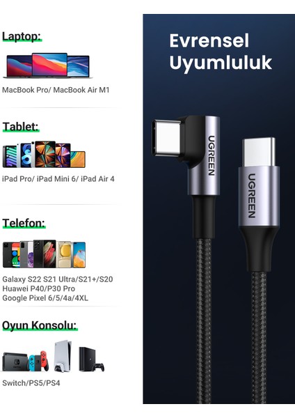 USB-C 60W 3A QC PD 90 Derece Örgülü Hızlı Şarj Kalosu, 1 Metre, Siyah, 50123