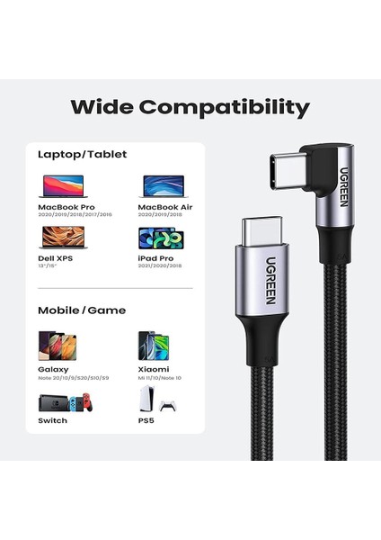 USB-C 100W 5A QC PD 90 Derece Örgülü Hızlı Şarj Kablosu, 2 Metre, Siyah, 70645 fırsatları