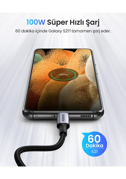 USB-C 100W 5A QC PD 90 Derece Örgülü Hızlı Şarj Kablosu, 2 Metre, Siyah, 70645
