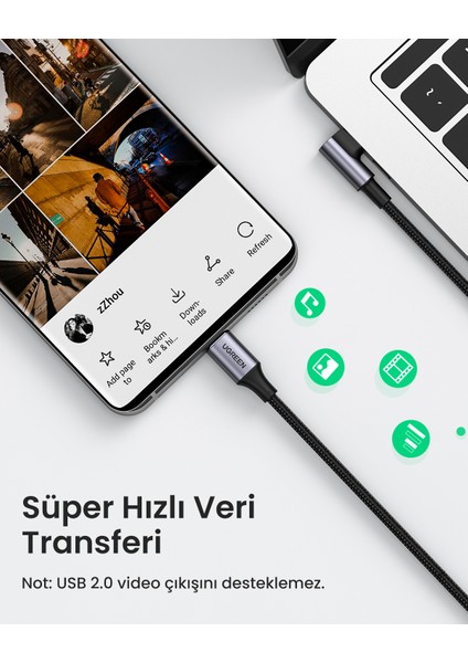 USB-C 100W 5A QC PD 90 Derece Örgülü Hızlı Şarj Kablosu, 2 Metre, Siyah, 70645