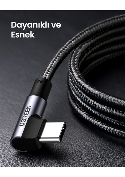 USB-C 100W 5A QC PD 90 Derece Örgülü Hızlı Şarj Kablosu, 2 Metre, Siyah, 70645