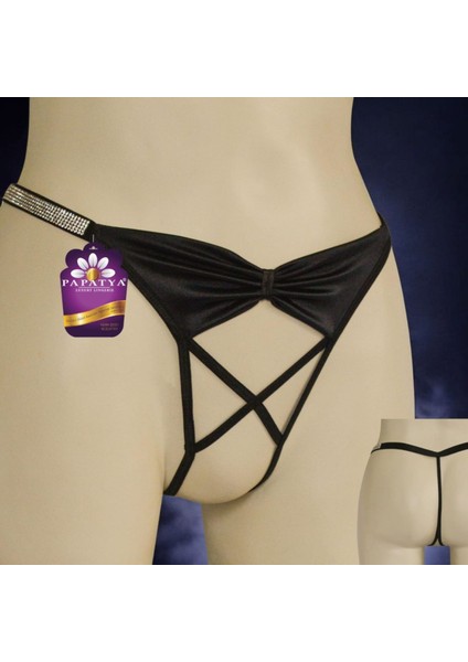 Ön Üst Saten Alt Ip Özel Bölgesi Açık Taşlı Tanga