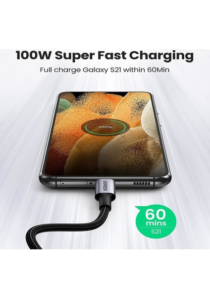 USB-C 100W 5A QC PD 90 Derece Örgülü Hızlı Şarj Kablosu, 1 Metre, Siyah, 70643 fiyatları