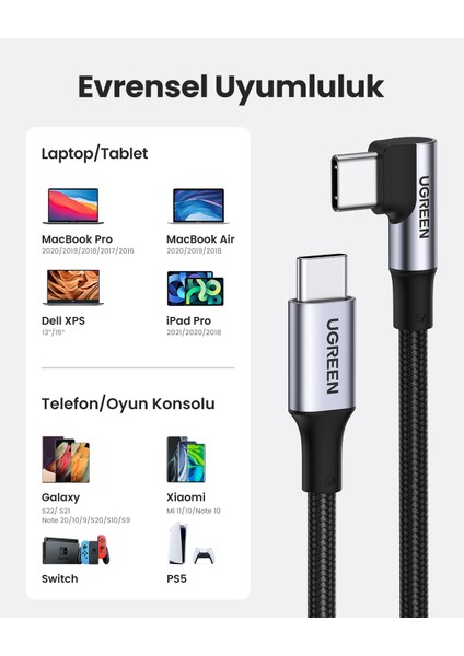 USB-C 100W 5A QC PD 90 Derece Örgülü Hızlı Şarj Kablosu, 1 Metre, Siyah, 70643