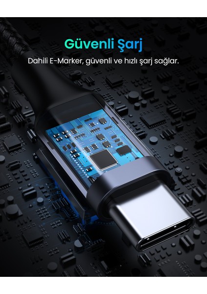 USB-C 100W 5A QC PD 90 Derece Örgülü Hızlı Şarj Kablosu, 1 Metre, Siyah, 70643