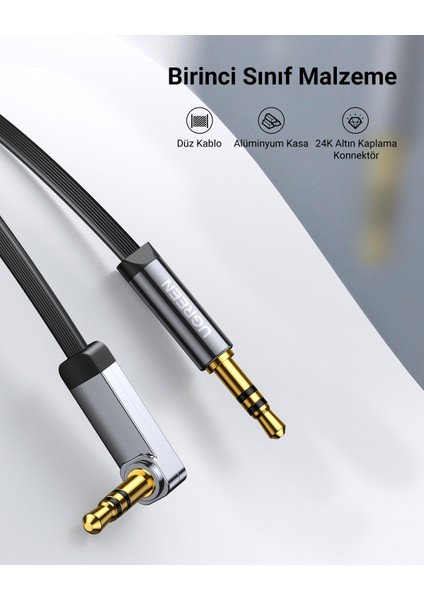 90 derece Dik Açılı 3.5mm Flat Aux Ses Kablosu 1 Metre, 10597 fırsatları