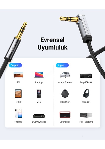 90 derece Dik Açılı 3.5mm Flat Aux Ses Kablosu 1 Metre, 10597