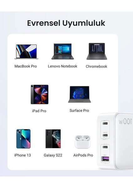 Nexode Gan x 100W Hızlı Şarj Cihazı 4 Portlu Pd Qc 3xusb-C, 1xusb-A, Beyaz, 15337