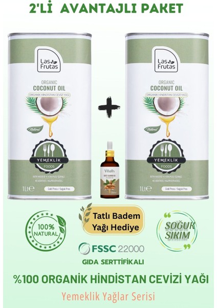 Organik Yemeklik Hindistan Cevizi Yağı 1 Litre 2'li Doğal & Soğuk Sıkım