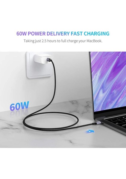 USB-C 60W 3A QC PD Örgülü Hızlı Şarj Kablosu, 2 m, Siyah, 50152