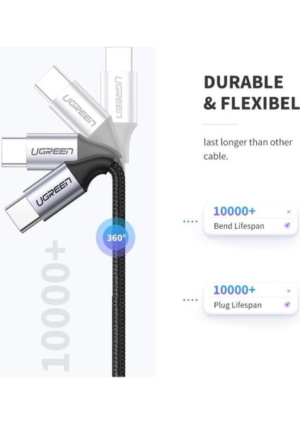 USB-C 60W 3A QC PD Örgülü Hızlı Şarj Kablosu, 2 m, Siyah, 50152
