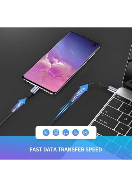 USB-C 60W 3A QC PD Örgülü Hızlı Şarj Kablosu, 2 m, Siyah, 50152