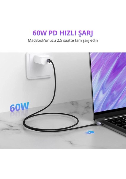 USB-C 60W 3A QC PD Örgülü Hızlı Şarj Kablosu, 1 m, Siyah, 50150