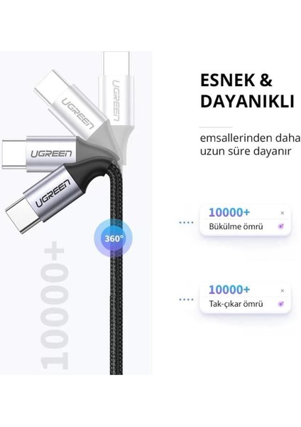USB-C 60W 3A QC PD Örgülü Hızlı Şarj Kablosu, 1 m, Siyah, 50150