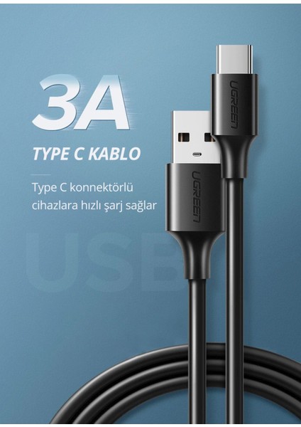 USB-C - USB-A 3A QC Hızlı Şarj Kablosu, 0,5 m, Siyah, 60115