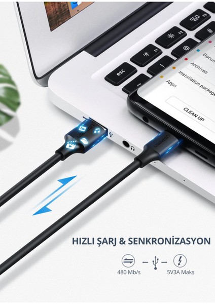 USB-C - USB-A 3A QC Hızlı Şarj Kablosu, 0,5 m, Siyah, 60115