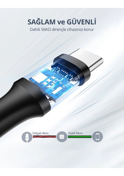 USB-C - USB-A 3A QC Hızlı Şarj Kablosu, 0,5 m, Siyah, 60115