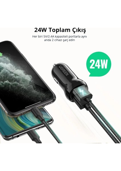 24W Araç Çakmaklık Şarj Cihazı 2xUSB-A, Siyah, 50875