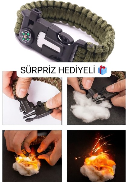 hayatta kalma bilekliği çakmak taşı, pusula, yüksek desibel düdük çok amaçlı bileklik