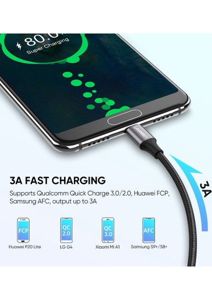 USB-C - USB-A 3A QC Örgülü Hızlı Şarj Kablosu, 1 m, Siyah, 60126 fiyatları