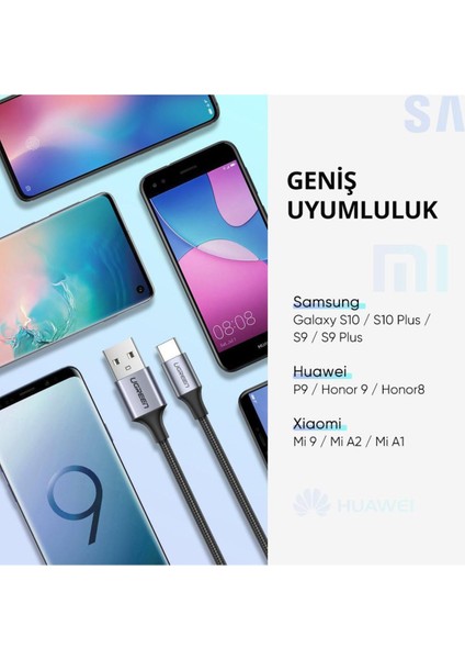 USB-C - USB-A 3A QC Örgülü Hızlı Şarj Kablosu, 1 m, Siyah, 60126