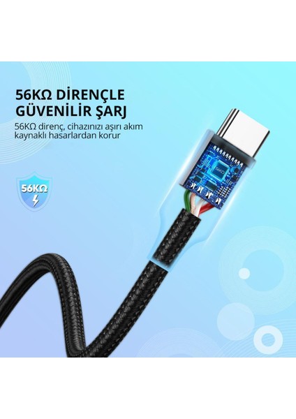 USB-C - USB-A 3A QC Örgülü Hızlı Şarj Kablosu, 1 m, Siyah, 60126