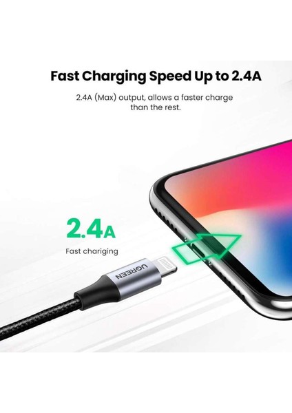 Lightning - USB-A Örgülü MFi Sertifikalı İphone Hızlı Şarj Kablosu, 2 m, Gümüş, 60163