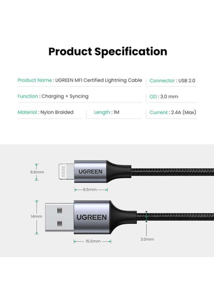 Lightning - USB-A Örgülü MFi Sertifikalı İphone Hızlı Şarj Kablosu, 2 m, Gümüş, 60163