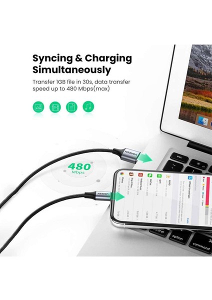Lightning - USB-A Örgülü MFi Sertifikalı İphone Hızlı Şarj Kablosu, 2 m, Gümüş, 60163