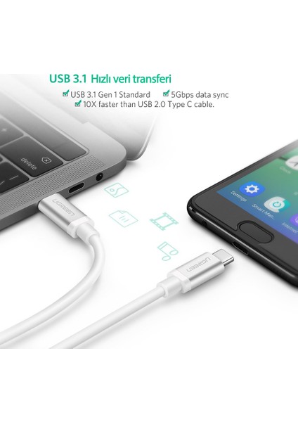 USB-C 60W 3A QC PD Hızlı Şarj Kablosu, 1 m, Beyaz, 60518 indirimleri